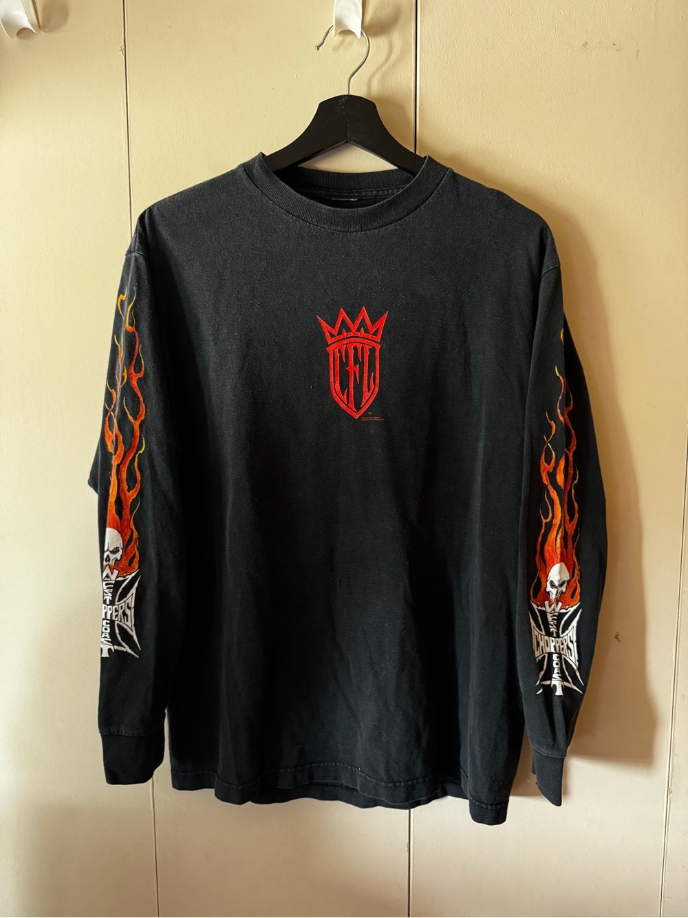Black Long-Sleeve Graphic Tee with Red Crest and Flame Sleeves